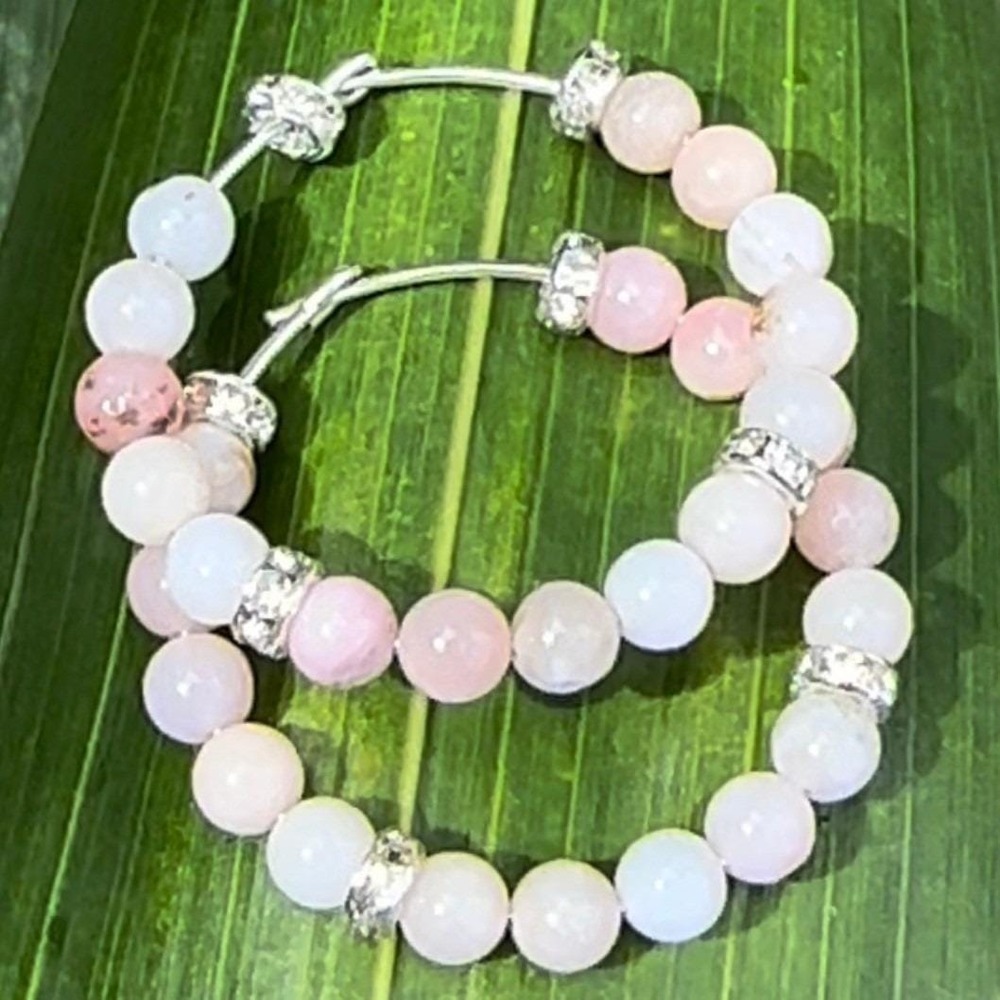 Peruvian Pink White Beaded Hoop Sterling Silver Earrings Rhinestone Accent Boho